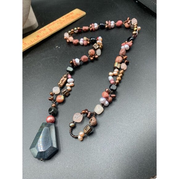 Handcrafted Semi Precious Stones Necklace Earthy Colors Pearls and Stones - Picture 6 of 7